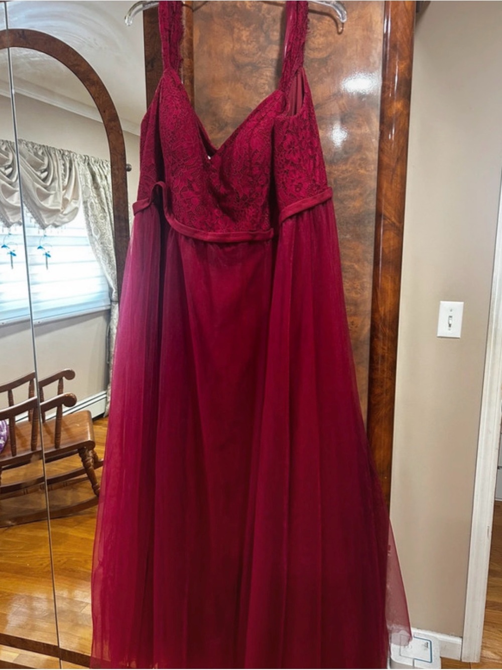 Azazie Burgundy Lace & Tulle Prom Gown